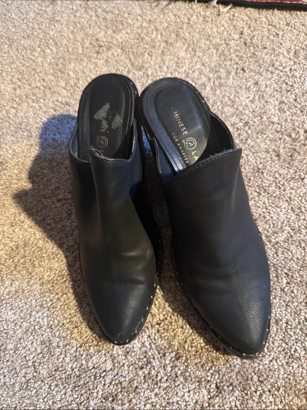 Chinese Laundry Black Pointed Toe Leather Mules with Stud Trim